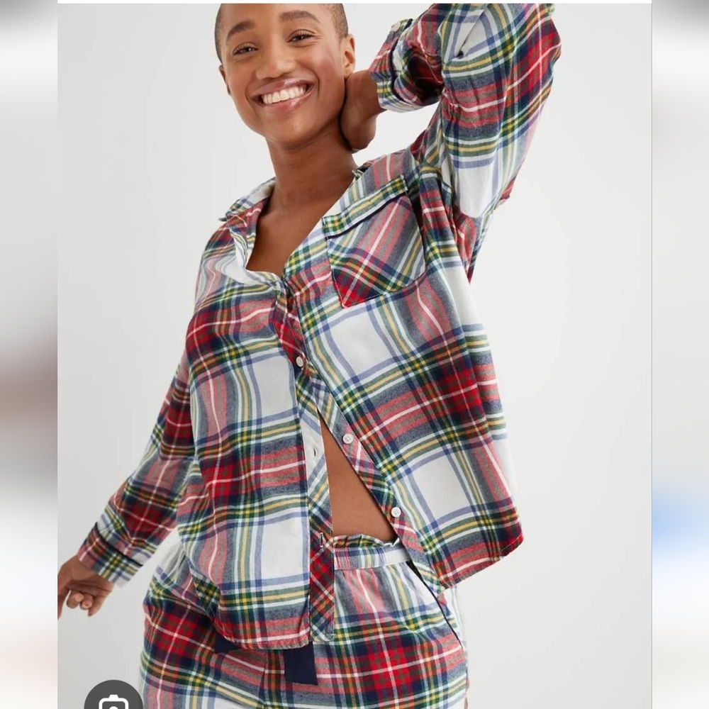 aerie Red Green Plaid Flannel Pajama Set